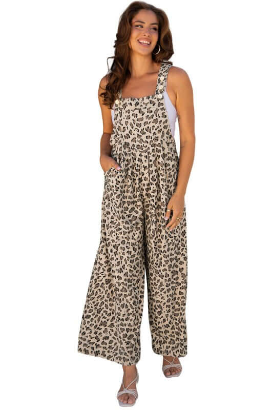 Leopard Bib Wide Leg Jumpsuit in a trendy leopard print design, showcasing a relaxed fit and chic bib detail.