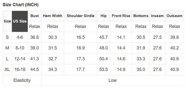 Leopard Bib Wide Leg Jumpsuit size chart displaying US sizes and measurements in inches.