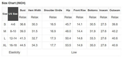 Leopard Bib Wide Leg Jumpsuit size chart displaying US sizes and measurements in inches.