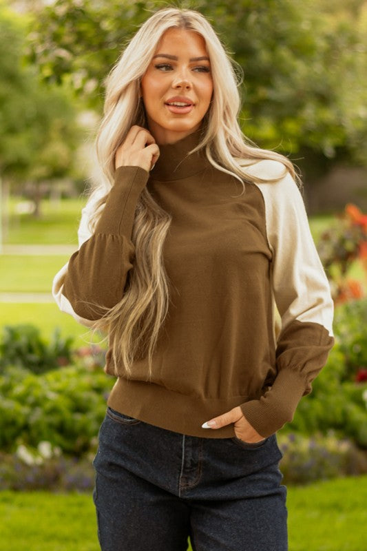 Alt Tag: Woman wearing a Colorblock Raglan Puff Sleeve Mock Neck Sweater in a garden setting, showcasing its cozy and chic design.
